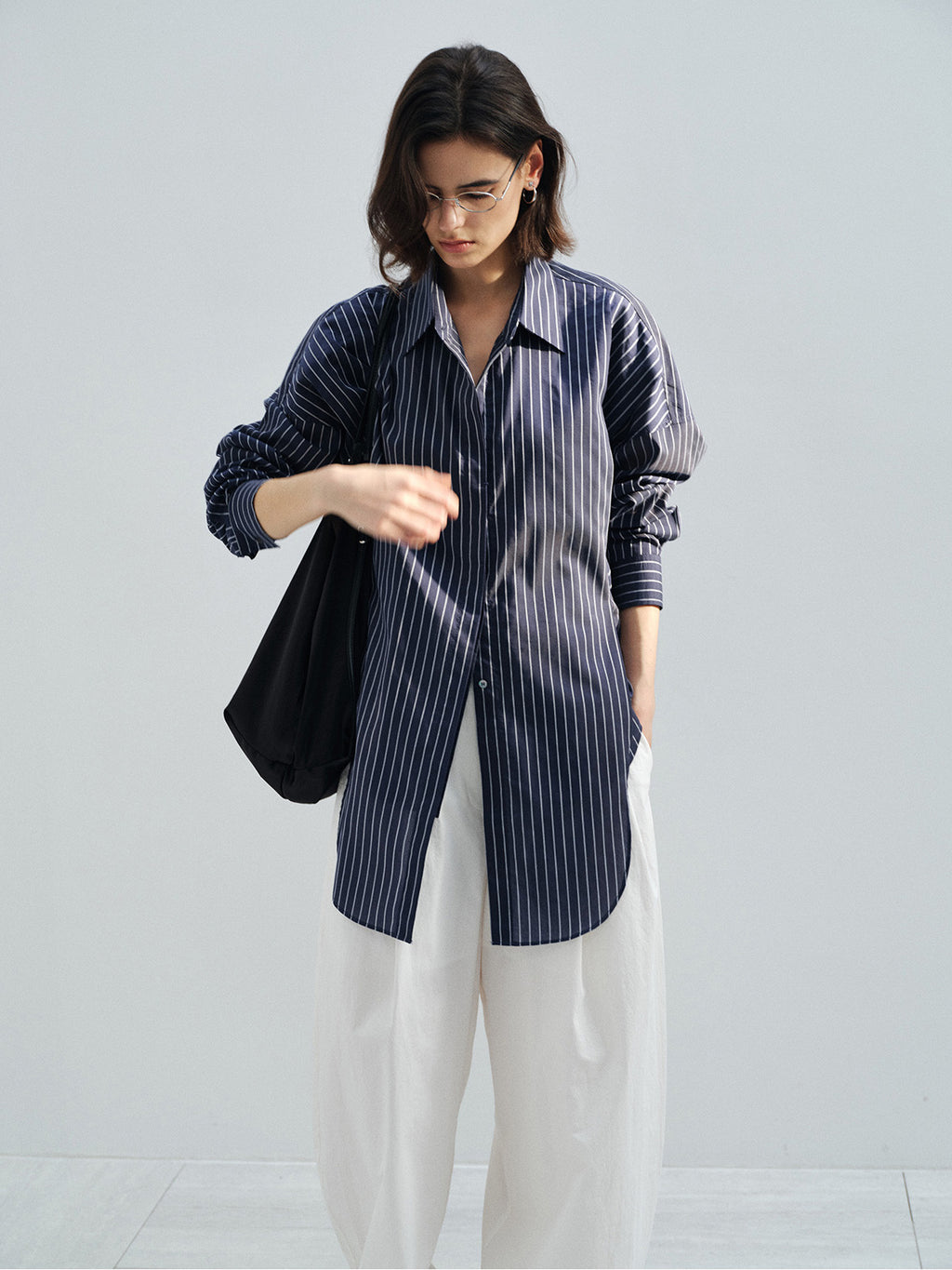 TENCEL STRIPED OVERSIZED DROP SHOULDER BLOUSE
