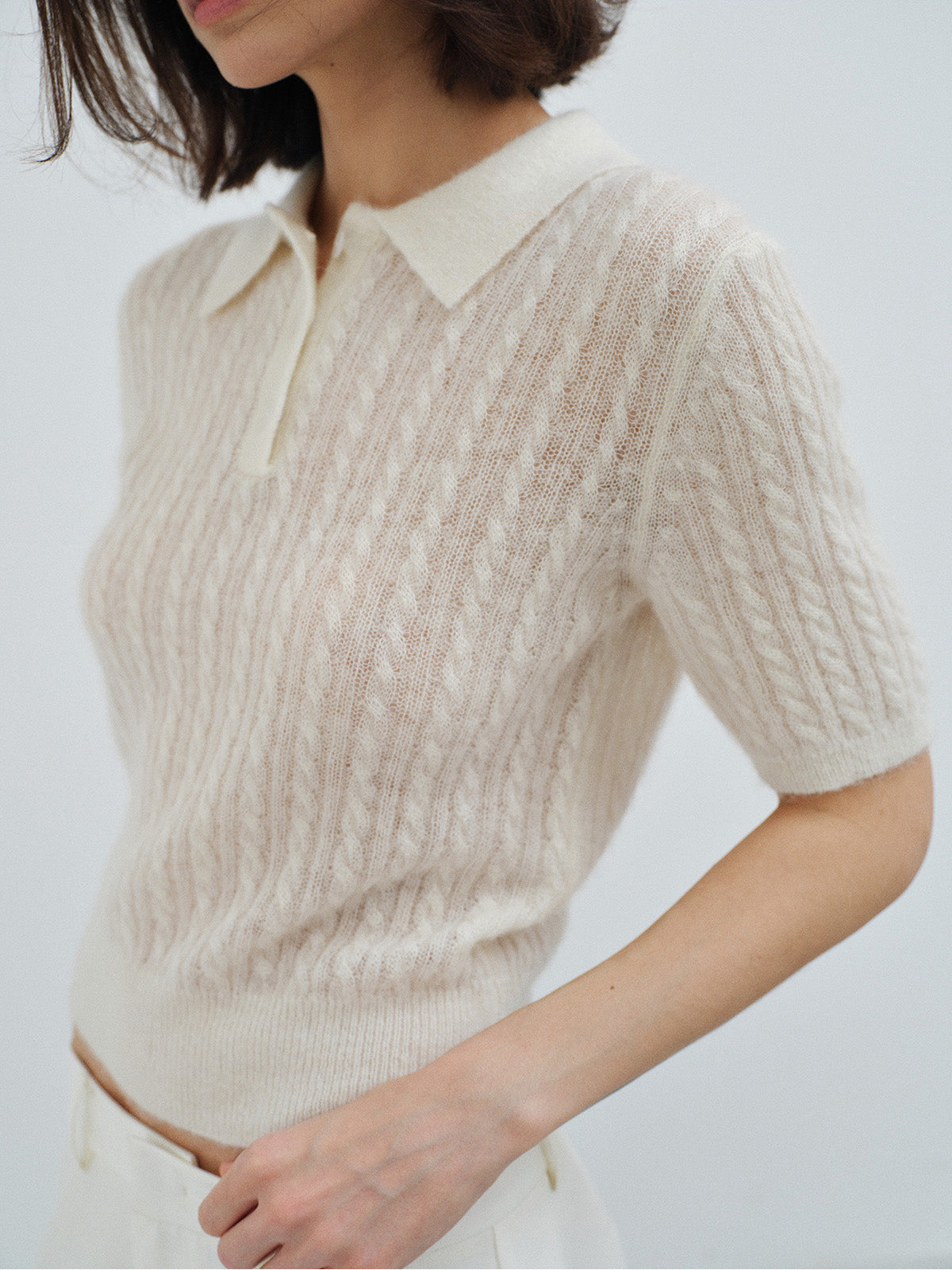 ALPACA WOOL CABLE KNIT POLO SHIRT