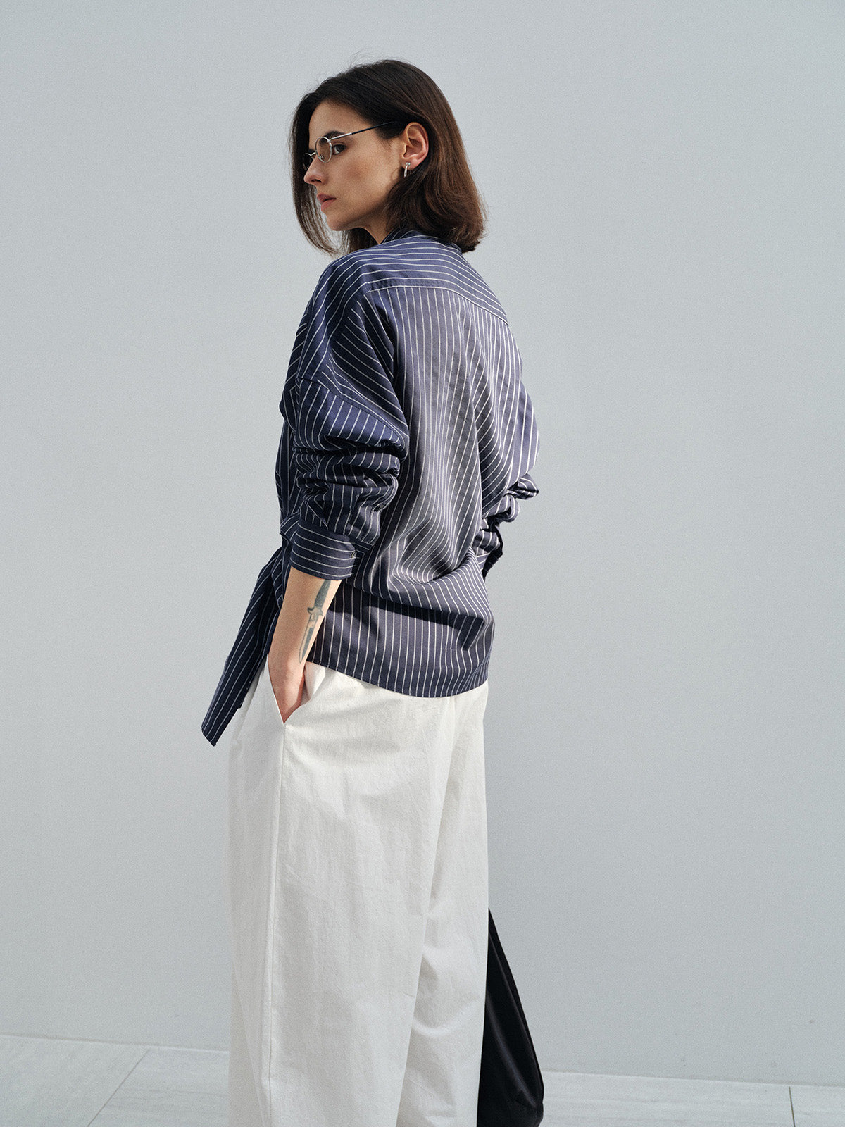 TENCEL STRIPED OVERSIZED DROP SHOULDER BLOUSE