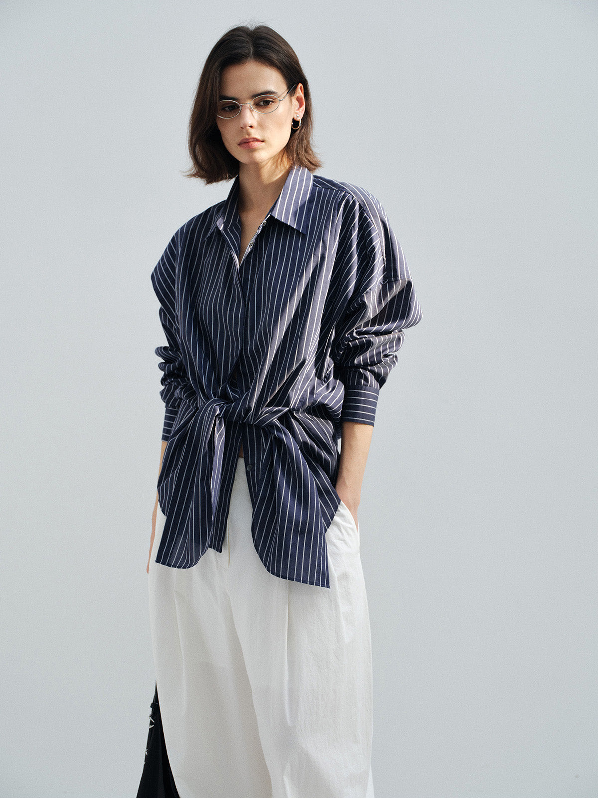 TENCEL STRIPED OVERSIZED DROP SHOULDER BLOUSE