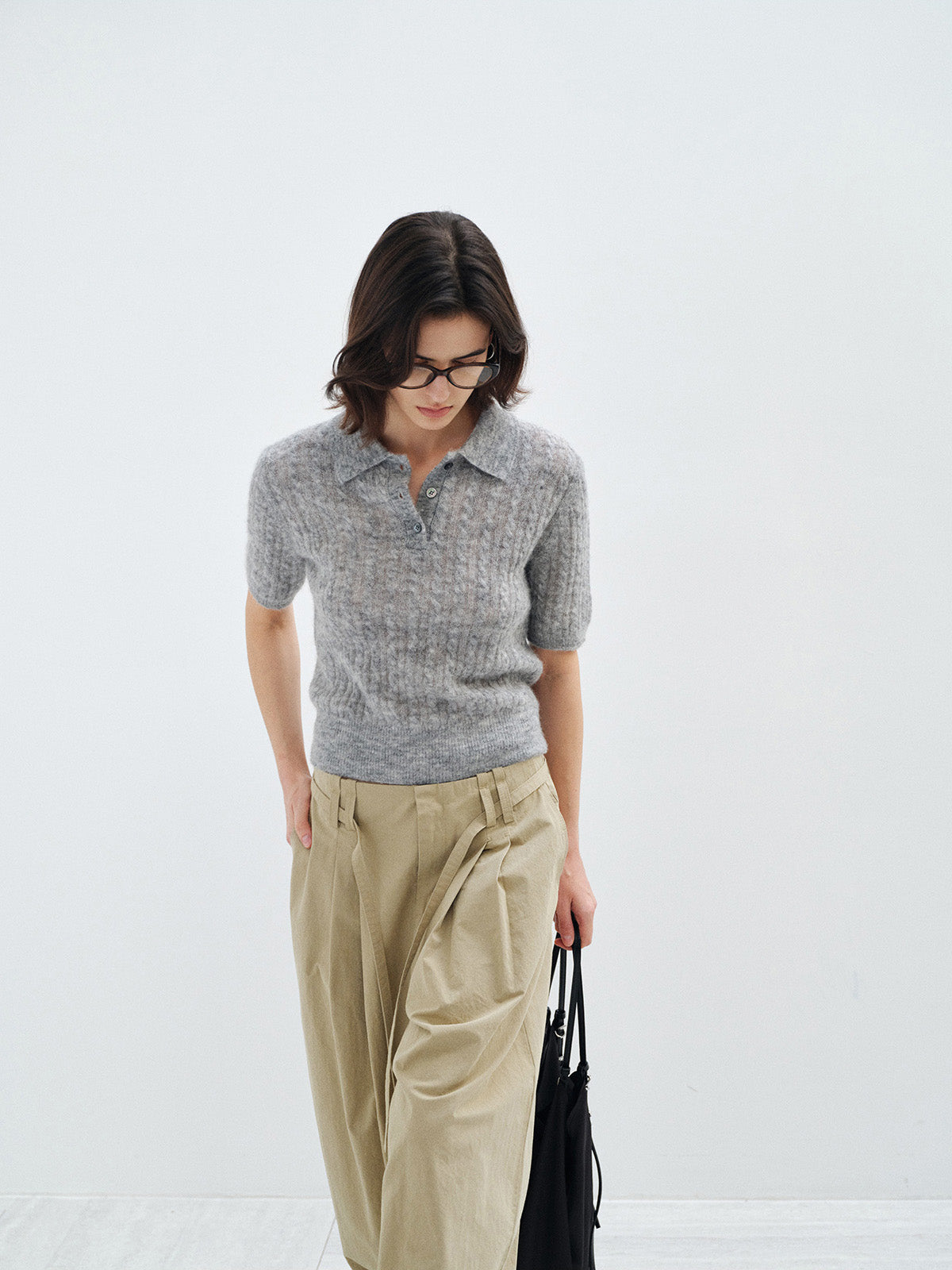 ALPACA WOOL CABLE KNIT POLO SHIRT