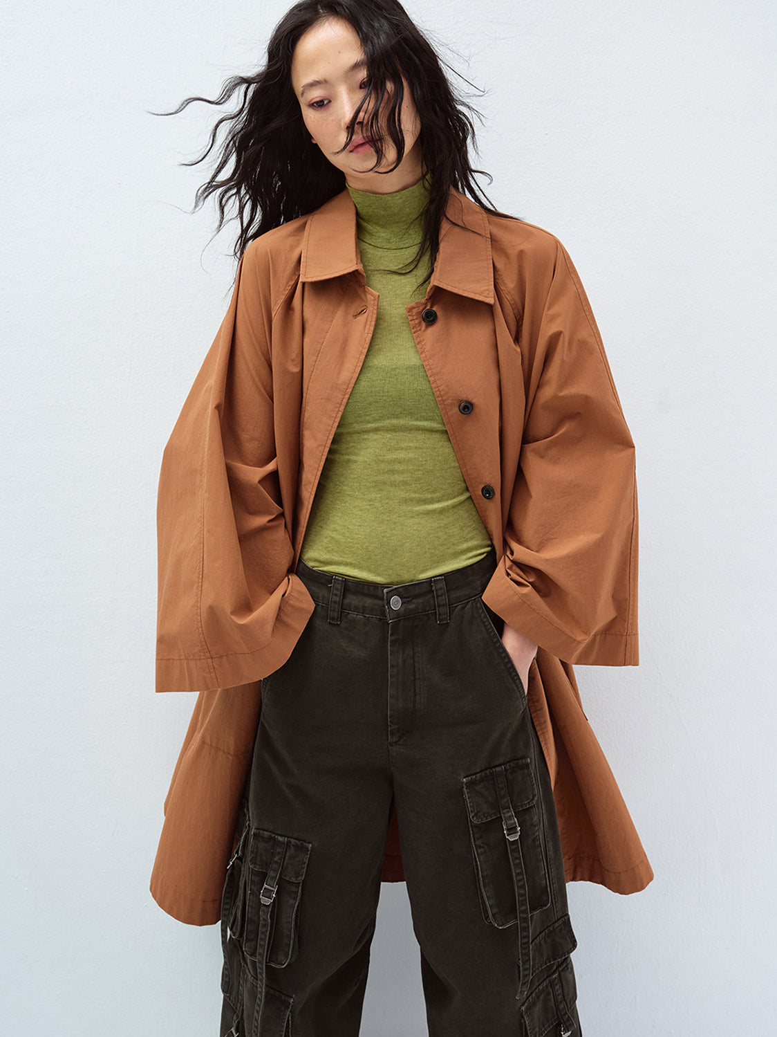 BATWING WIDE SLEEVE LAPEL COLLAR TRENCH COAT