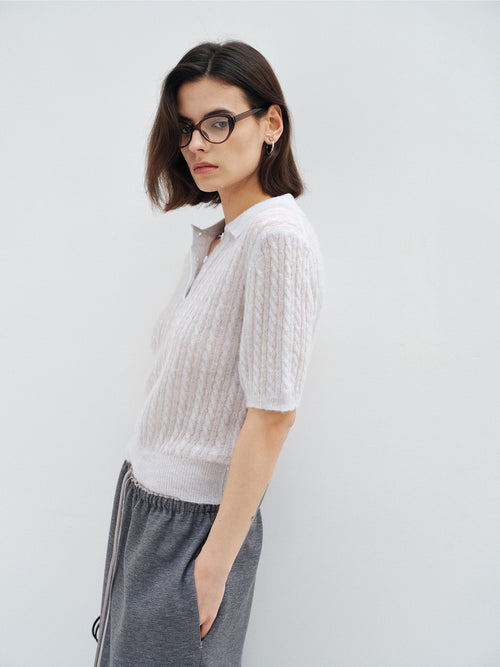 ALPACA WOOL CABLE KNIT POLO SHIRT
